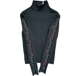 Pendleton Black Wool Turtleneck Sweater with Red Floral Embroidery
